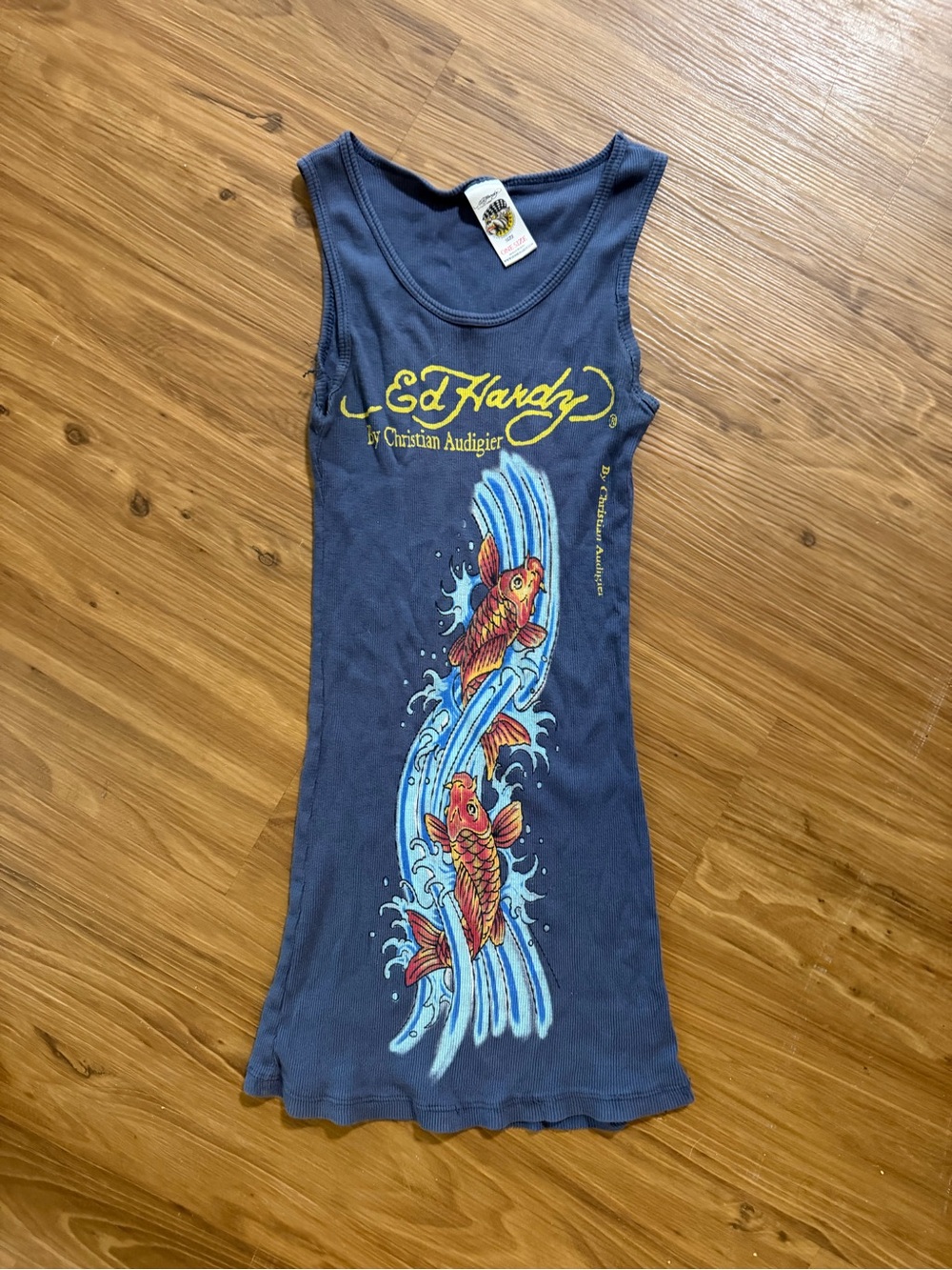 Christian Audigier Navy Tank Top with Yellow Logo and Red-Orange Koi